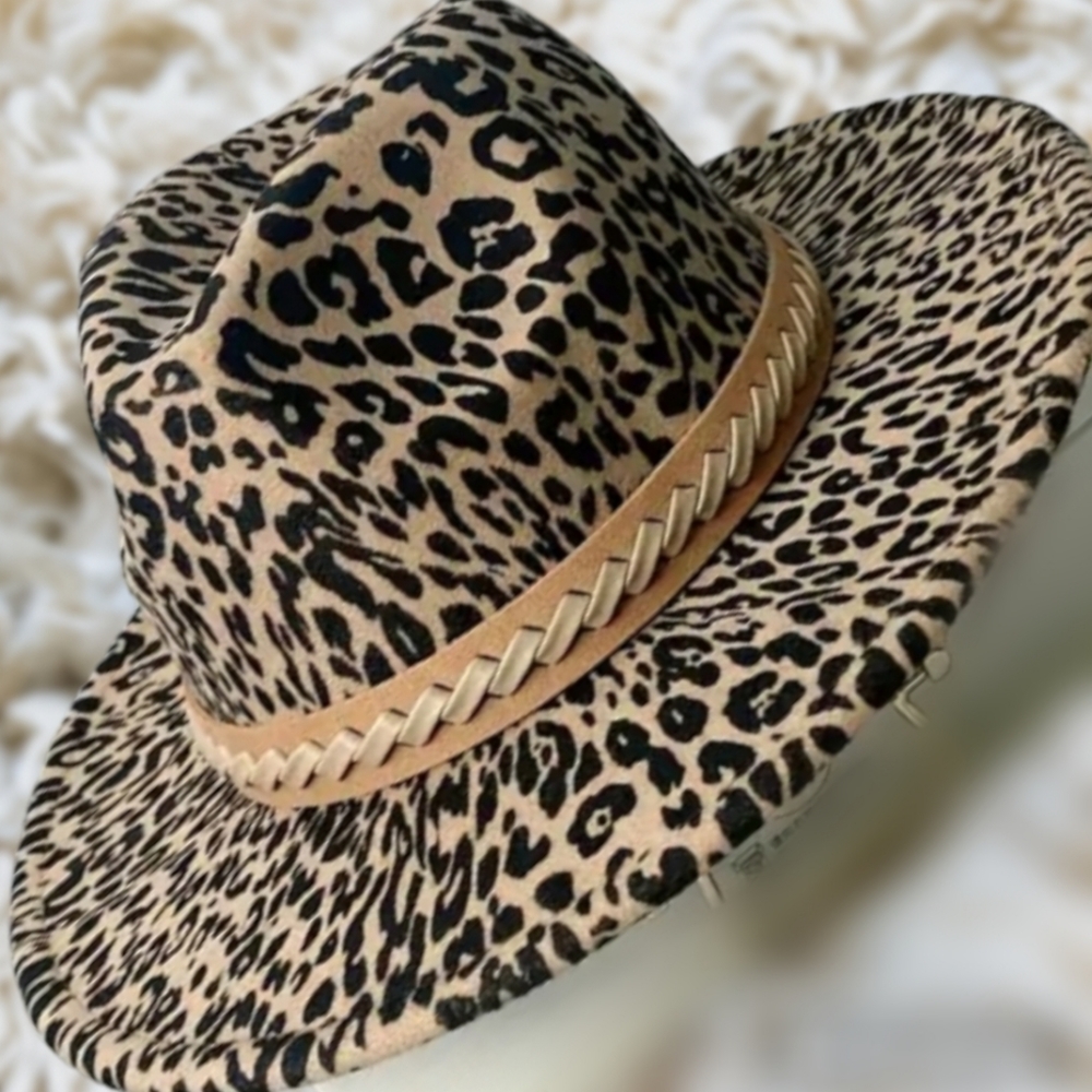 Classic Leopard Print Fedora Cap Braided Belt NWOT Jazz Hats Adjustable *HP*